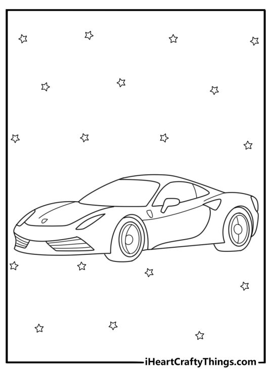 Free coloring sheet for children presenting Ferrari car with stars in the background