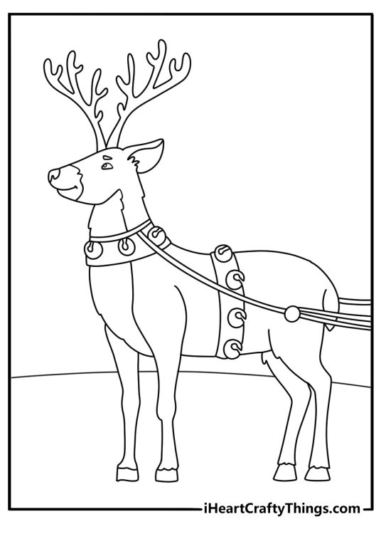 Free deer coloring page featuring a reindeer beside sleigh bells