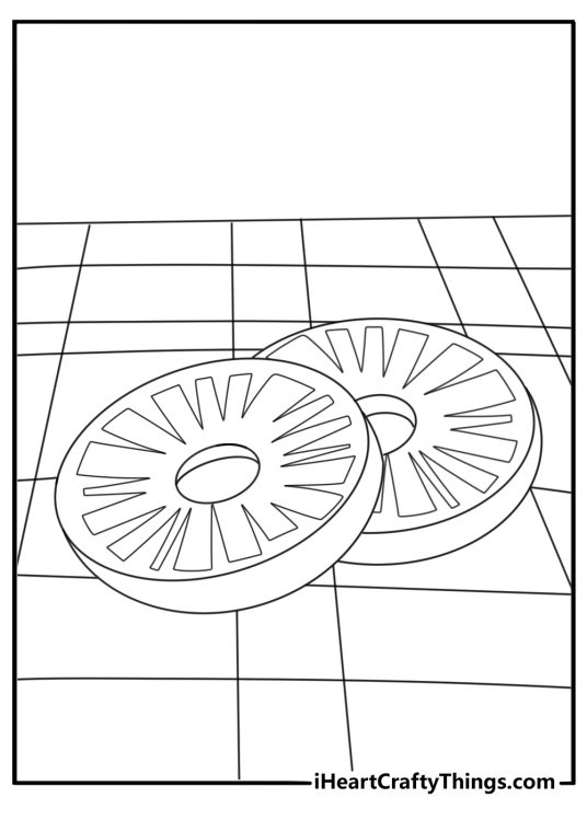 Free fruit coloring sheet showing pineapple pieces on a picnic cloth