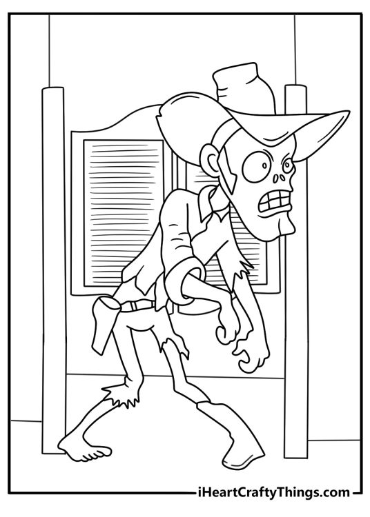 Free horror coloring page showing an undead cowboy near a saloon