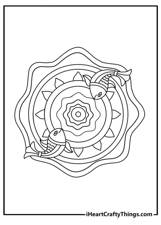 Free mandala coloring page featuring fish arranged around water ripples
