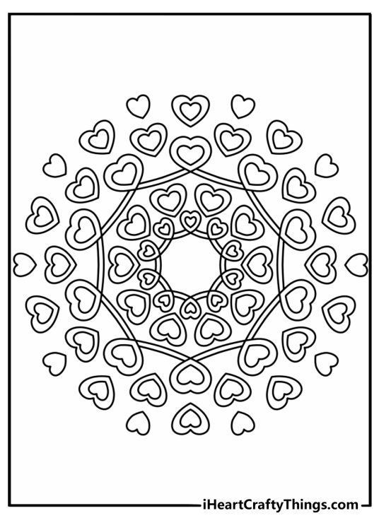 Free mandala sheet showing interlocking hearts and curved ribbons