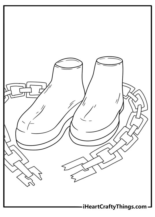Free monster coloring page showing heavy boots beside broken chains