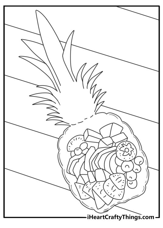 Free pineapple coloring pages printable with fruit arranged around a recipe card