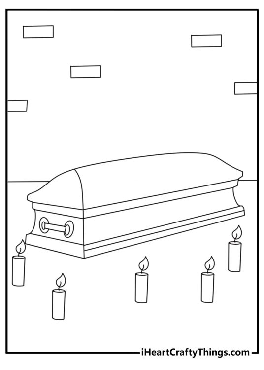 Free printable Halloween sheet featuring a coffin with candles around it