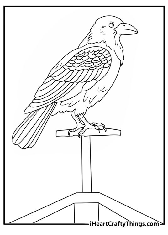 Free printable Halloween sheet showing a raven on a rooftop