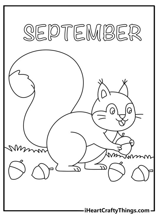 Free printable September sheet showing a squirrel gathering acorns