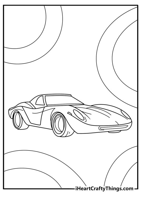Free printable coloring sheet presenting sleek design sports car with segmented background