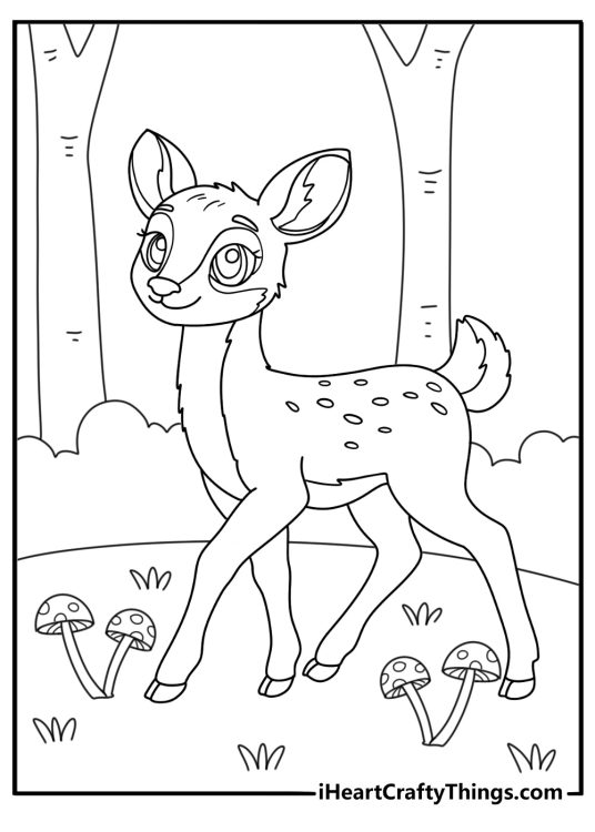 Free printable deer sheet showing a doe beside forest mushrooms