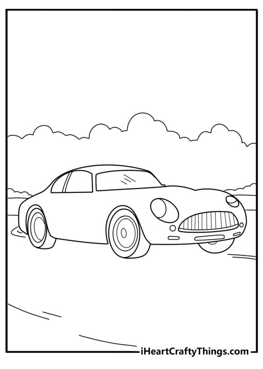 Free printable for kids capturing rounded design sports car driving past some forest