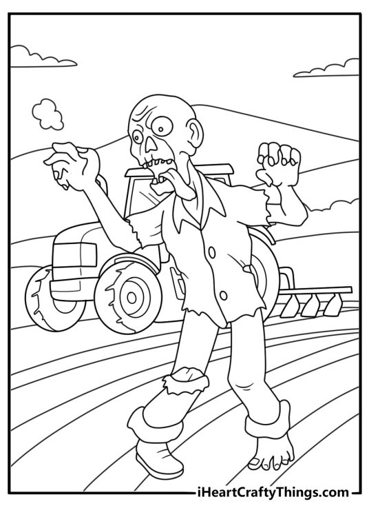 Free printable horror sheet showing an undead farmer beside a tractor