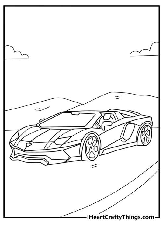 Free printable presenting a highly detailed Lamborghini car without a roof driving at full speed