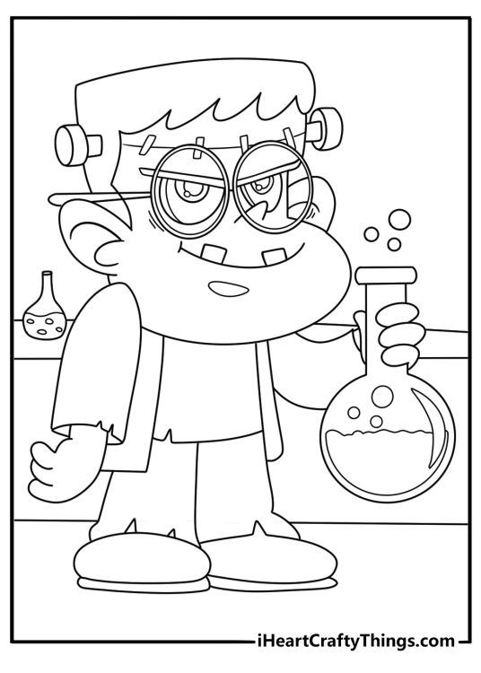 Free printable scene of Doctor Frankenstein working near glass tubes