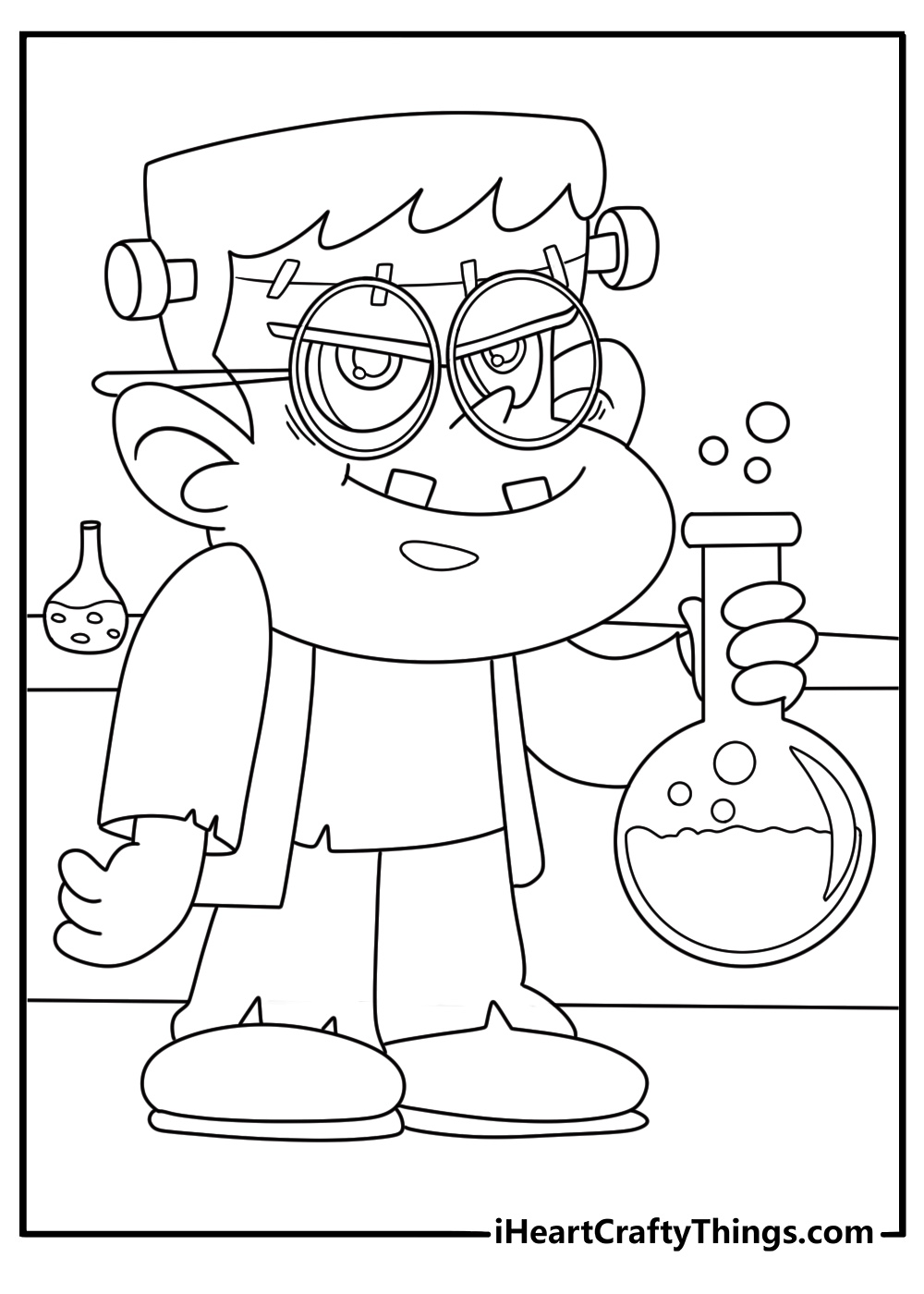 Free printable scene of Doctor Frankenstein working near glass tubes