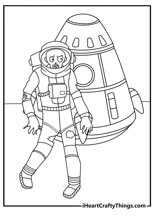 Free zombie coloring page featuring an undead astronaut near a space capsule