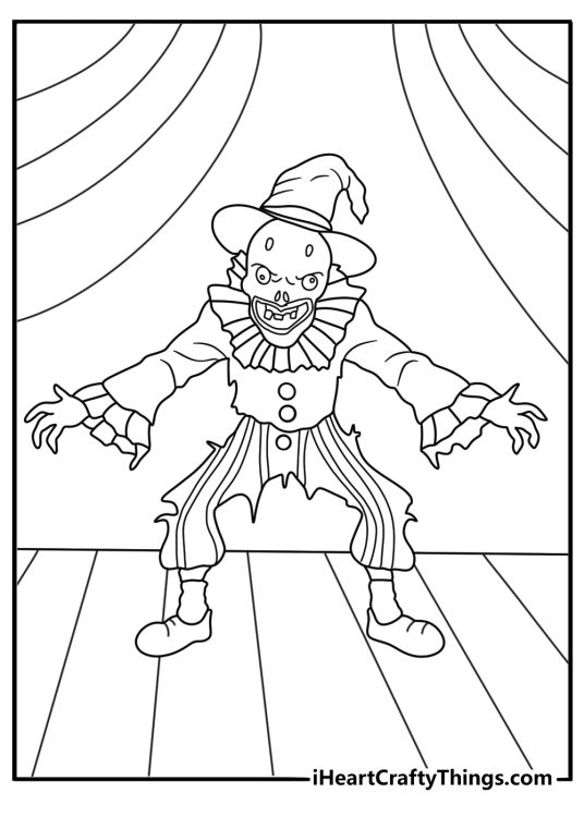 Free zombie coloring sheet showing an undead clown near a carnival tent