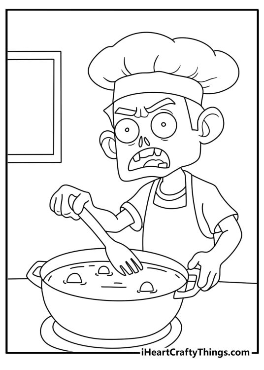 Free zombie printable featuring a chef zombie beside kitchen pots