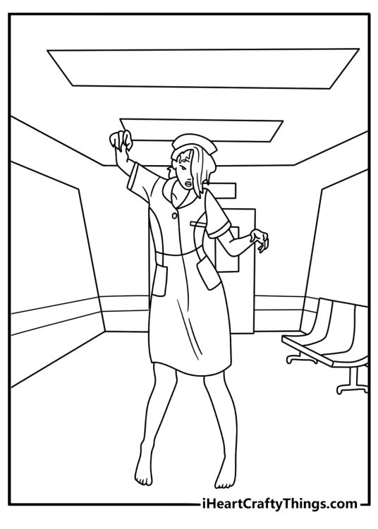 Free zombie printable featuring a nurse zombie in a hospital hallway