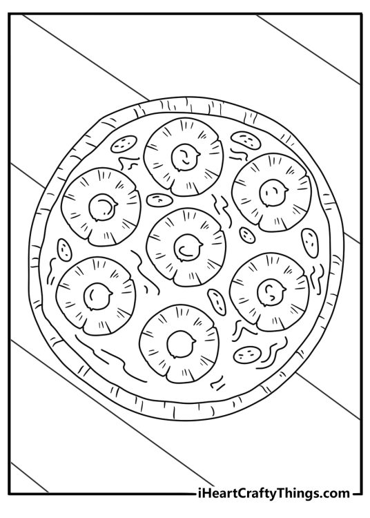 Fresh pineapple tops a pizza in this fun coloring page