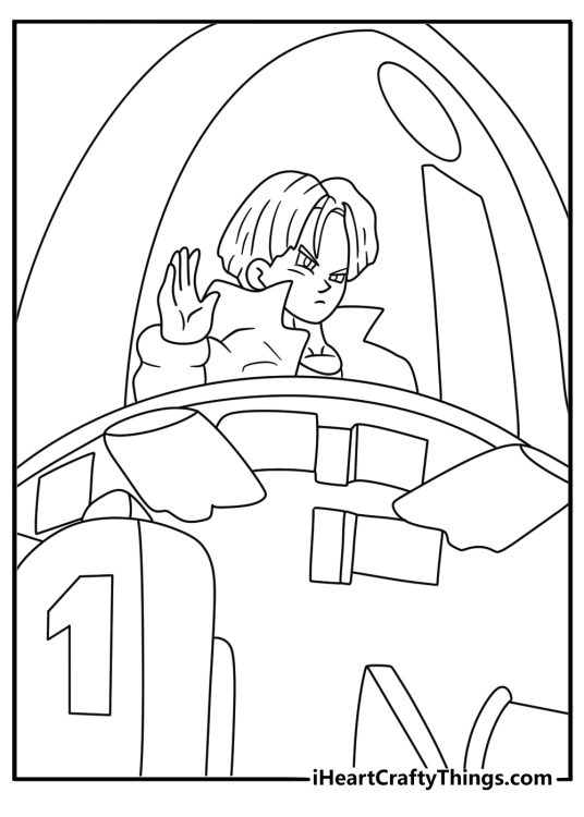 Future Trunks stands beside his time machine in this detailed coloring sheet