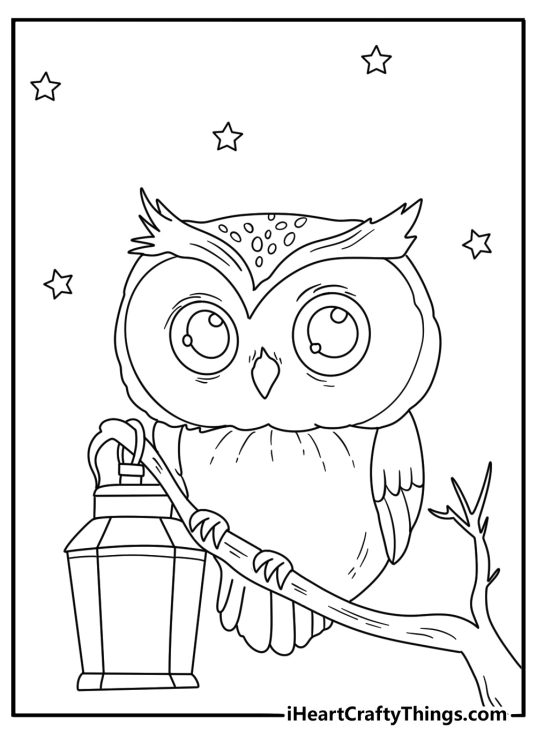 Halloween coloring page showing an owl perched beside an old lantern