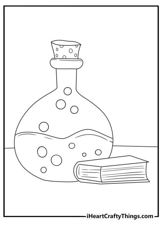 Halloween coloring pages scene featuring a bubbling potion bottle and spell book
