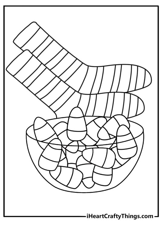 Halloween coloring sheet for kids featuring a candy corn bowl beside striped socks