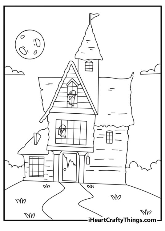 Haunted house coloring page showing a ghost at an attic window