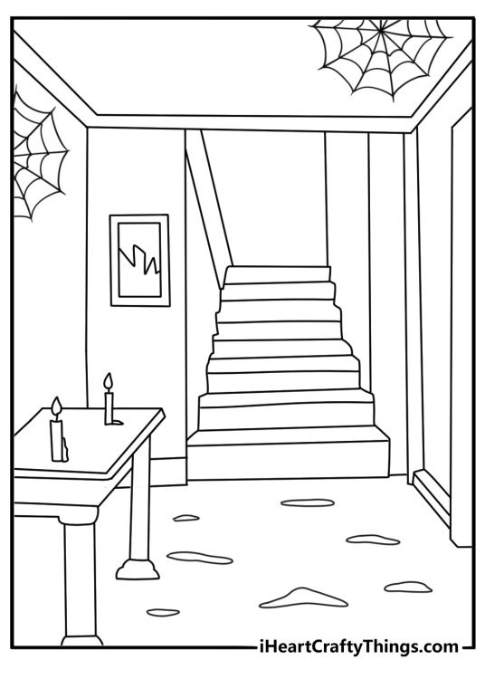 Haunted house coloring pages scene featuring candles in a dusty hallway
