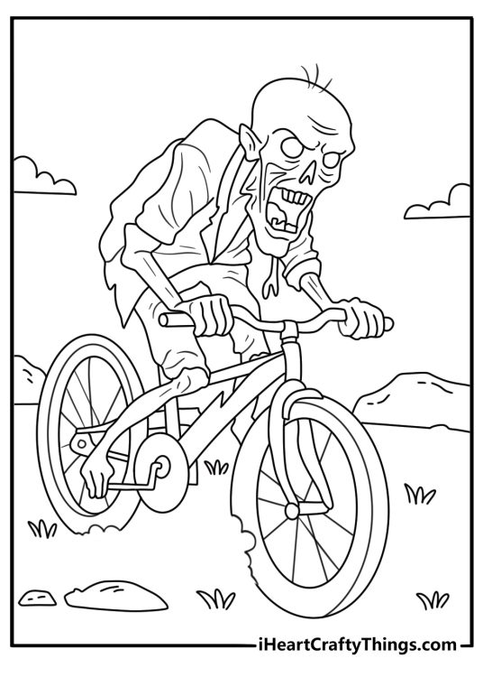 Kids can color a cartoon zombie sitting beside a broken bicycle