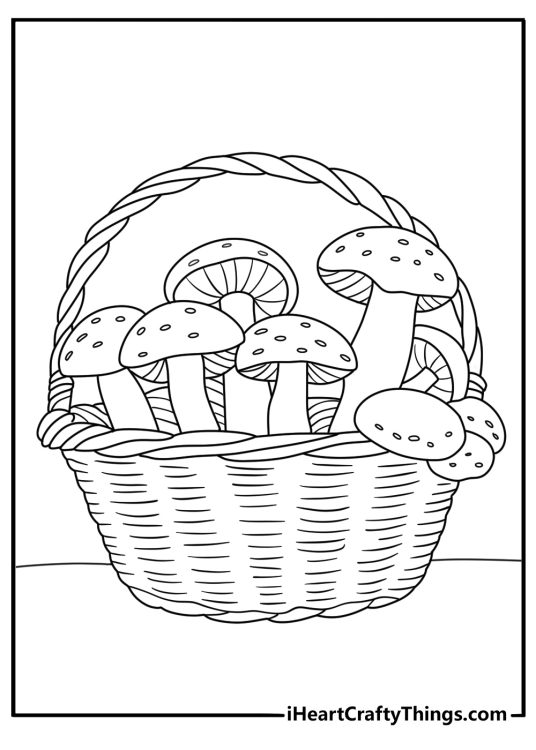 Kids can color a shiitake mushroom beside a small basket