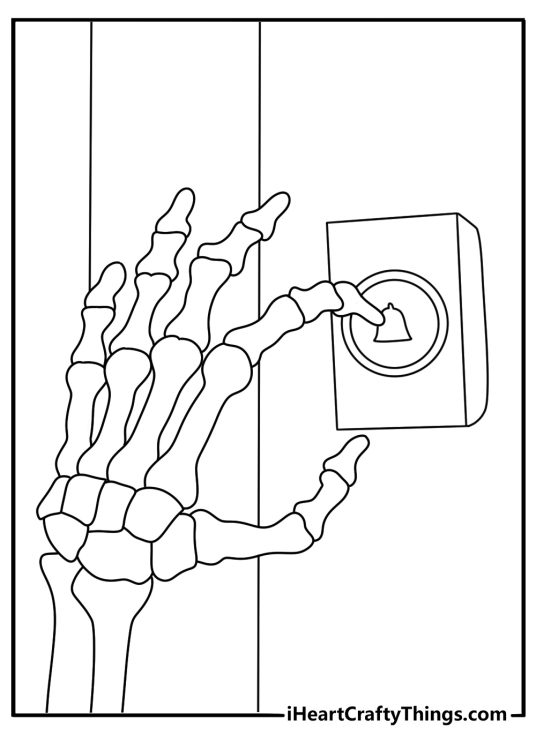 Kids can color a skeleton hand ringing an old doorbell