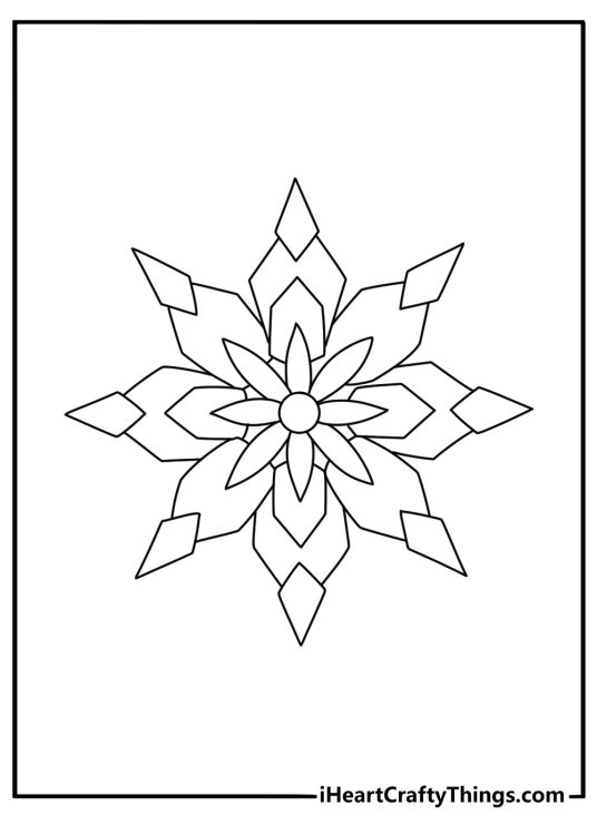 Kids can color a snowflake mandala with bold pointed sections