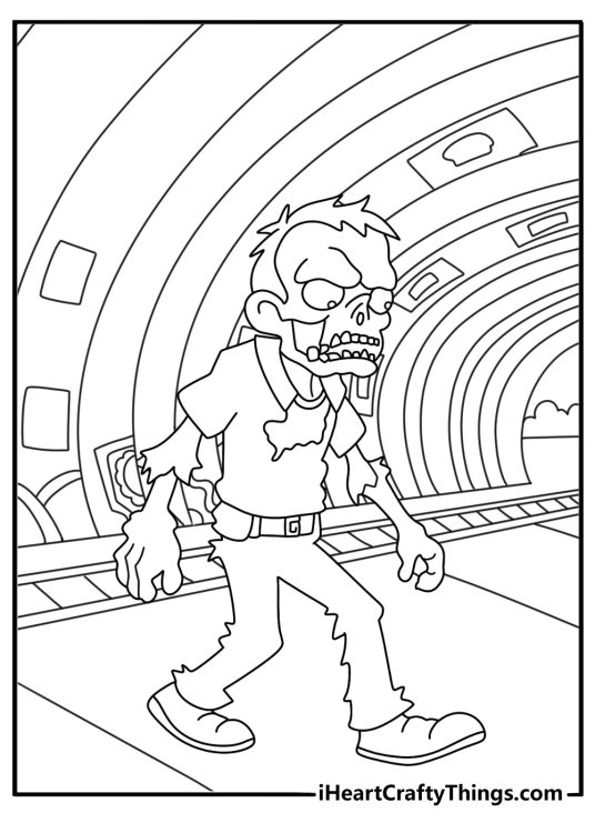 Kids can color a zombie walking through an empty train station