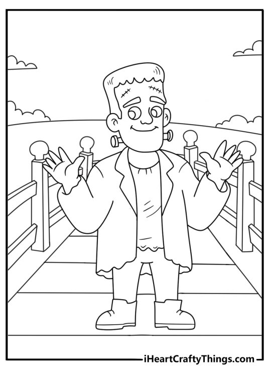 Kids can color the monster crossing an old wooden bridge