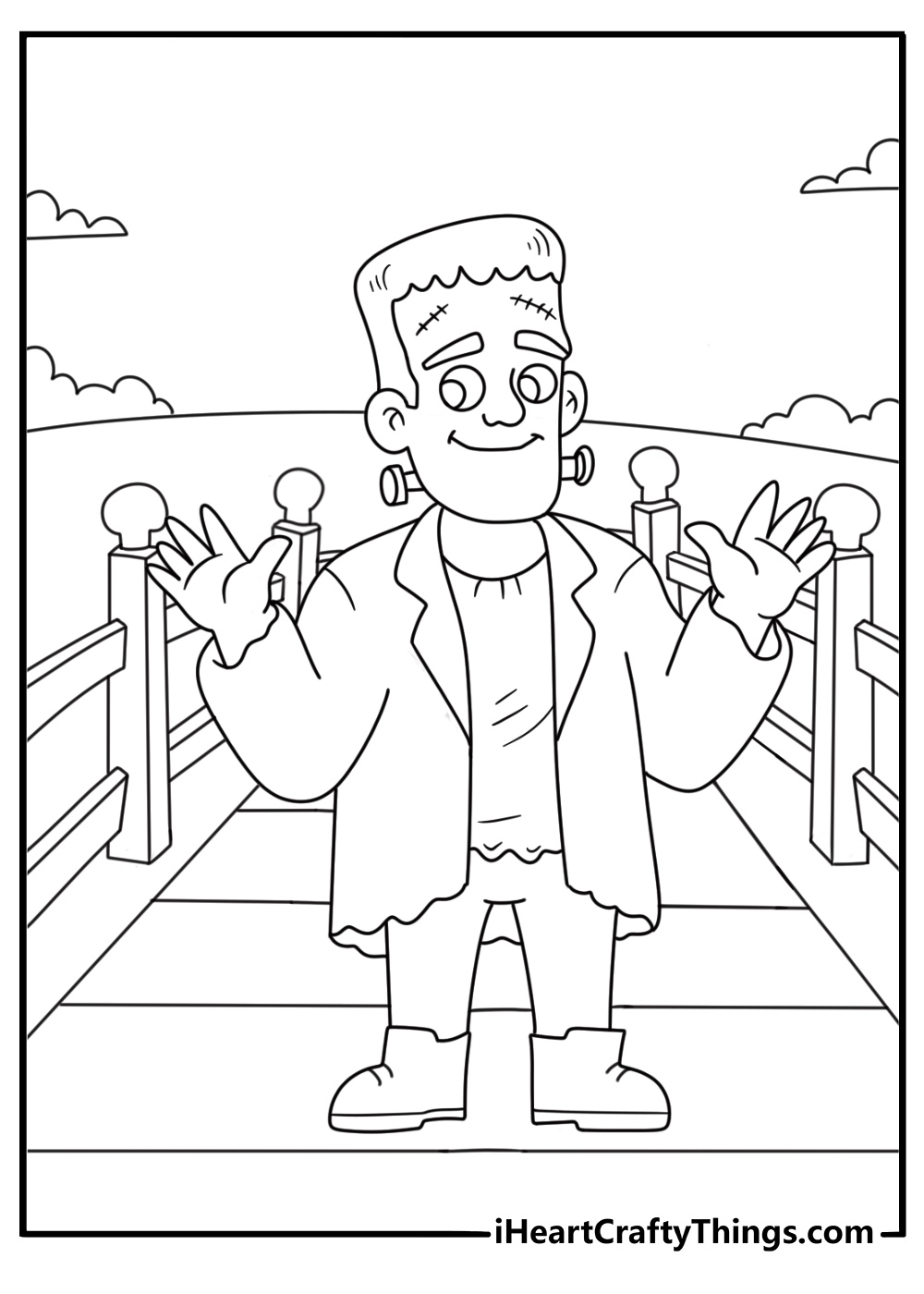 Kids can color the monster crossing an old wooden bridge