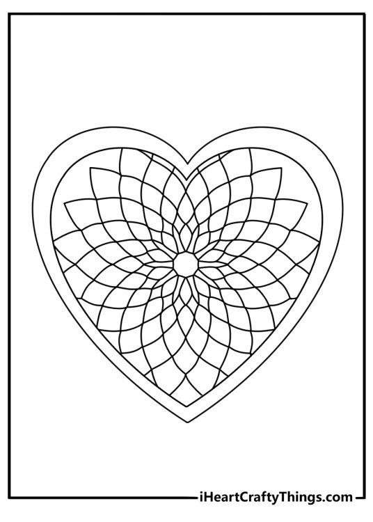 Mandala coloring page featuring layered heart shapes in a round design