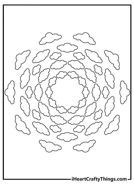 Mandala coloring page for kids with rounded clouds in a circular pattern