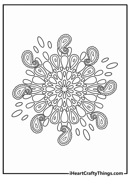 Mandala coloring pages for adults featuring paisley shapes in layered rings