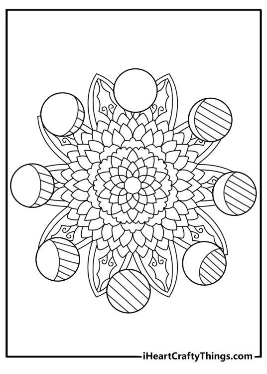 Mandala coloring pages printable with moon phases arranged in a circle