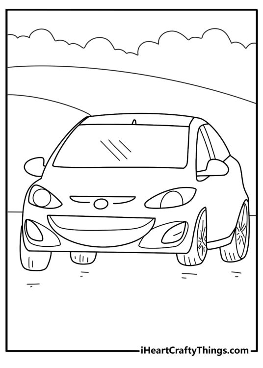 Picture capturing a car driving past a forest of pine trees with its front wheels twisting wildly to the side