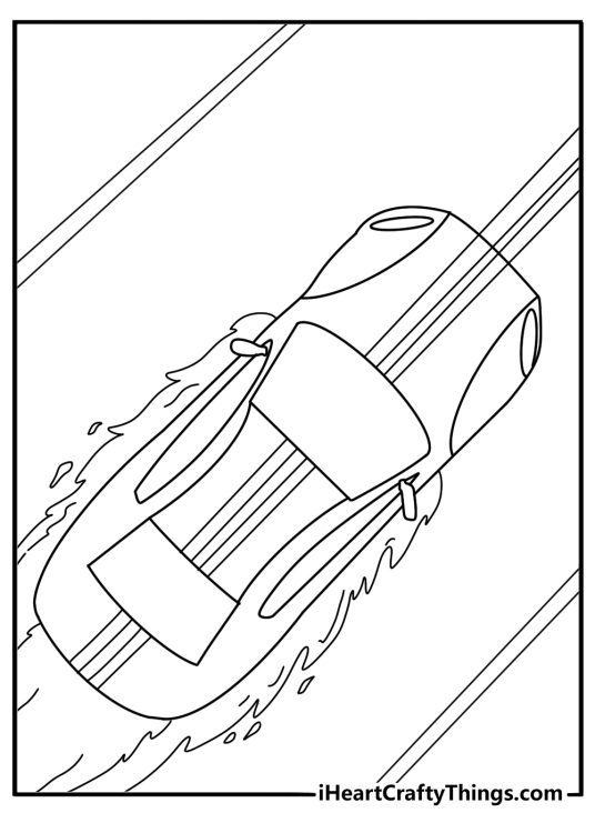Picture featuring view from the top onto racing car moving fast with flames shooting out from all over it