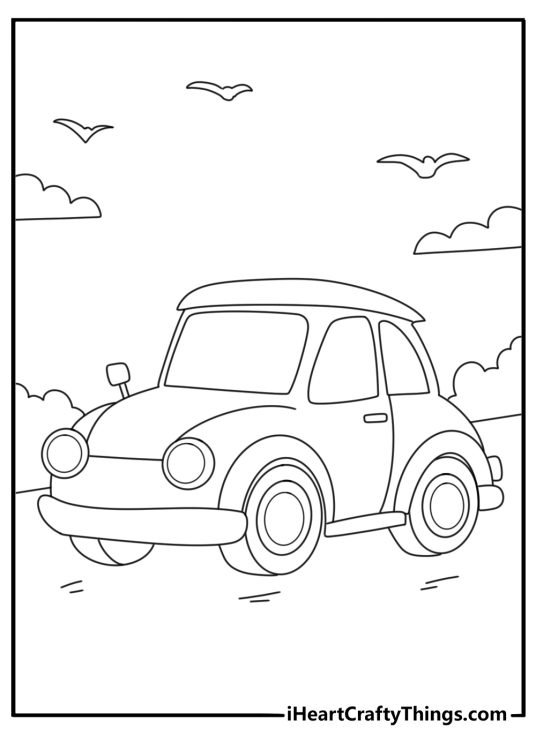 Picture of a very small and cute car driving along a dirt road with birds flying high above the clouds