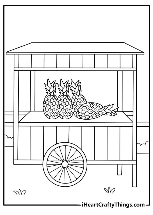 Pineapple coloring page for kids featuring a fruit cart at a street market