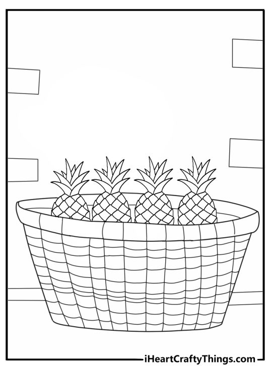 Pineapple coloring page showing fruit stacked inside a market basket
