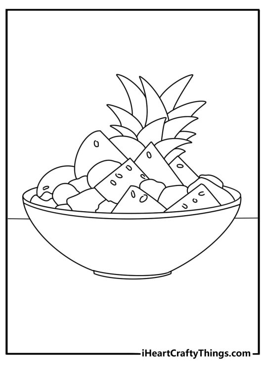 Pineapple coloring pages for kids feature a fruit salad shop sign