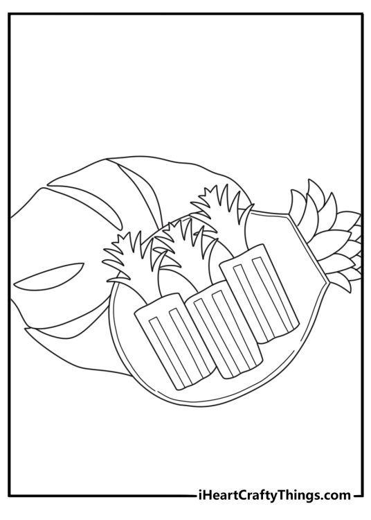Pineapple coloring pages scene featuring fruit popsicles on a tray