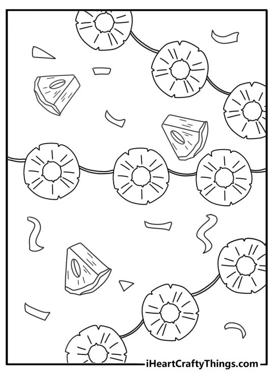 Pineapple slices hang from a summer party garland in this coloring printable