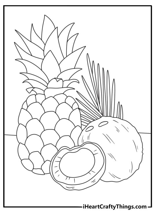 Pineapple wedges rest beside a coconut in this tropical coloring sheet