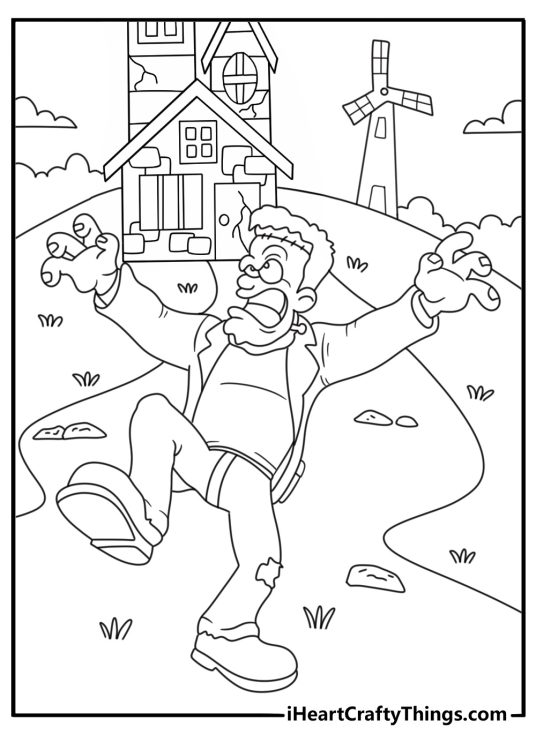 Printable Frankenstein page with a windmill above a dark village
